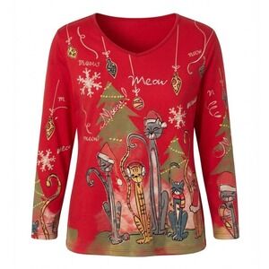 Jess & Jane Womens Meow Meow Christmas Cat Red V-Neck Long Sleeve Tee XL